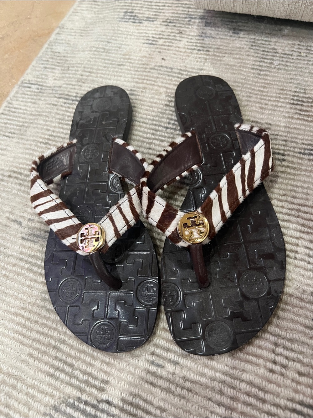 Tory Burch Brown & White Zebra Haircalf Logo Thong Sandals
